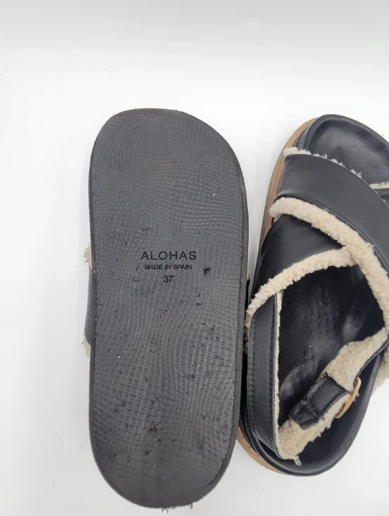 ALOHAS Women’s Marshmallow Black Leather Sandals with Shearling size 37 US 6.5 - Picture 5 of 7